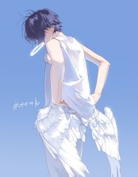  1boy black_hair blue_background cowboy_shot facing_down feathered_wings from_side hair_over_eyes halo hand_under_clothes highres long_bangs low_wings male_focus mouth_hold original pants rido_(ridograph) shirt short_hair simple_background sleeveless sleeveless_shirt solo white_pants white_wings wings 