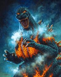 burning_godzilla claws colored_sclera dinosaur epic giant giant_monster glowing glowing_eyes glowing_veins godzilla godzilla_(series) godzilla_vs._destoroyah jason_edmiston kaijuu looking_at_viewer monster night no_humans official_art open_mouth orange_sclera pointy_ears roaring sharp_teeth smoke spikes steam teeth toho tongue veins yellow_eyes  rating:General score:2 user:LivingCorpse
