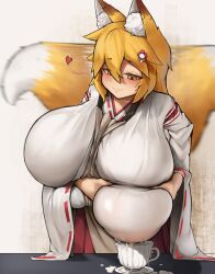  1girl absurdres aged_up alternate_breast_size animal_ears blonde_hair blush breasts cup fang fox_ears fox_girl fox_tail gigantic_breasts grabbing_own_breast heart highres japanese_clothes kimono lactating_into_container lactation lactation_through_clothes light_smile medium_hair milk motion_blur orange_eyes senko_(sewayaki_kitsune_no_senko-san) sewayaki_kitsune_no_senko-san skin_fang solo tail tail_wagging teacup toy_(wanju)  rating:Questionable score:188 user:danbooru