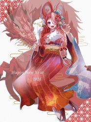  1girl 2024 braided_twintails commentary_request dragon ebi_furai2255 flower fur_collar hair_flower hair_ornament hair_over_one_eye happy_new_year headphones highres japanese_clothes kimono looking_at_viewer new_year obi okobo one_piece pink_nails purple_eyes red_hair sandals sash socks striped_clothes striped_kimono twintails uta_(one_piece) vertical-striped_clothes vertical-striped_kimono white_hair white_socks wide_sleeves 