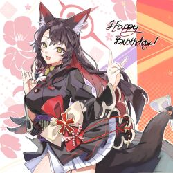 1girl animal_ear_fluff animal_ears black_hair black_nails black_sailor_collar blue_archive blush bow breasts fang fox_ears fox_girl fox_shadow_puppet fox_tail gawa1517025 halo happy_birthday highres japanese_clothes large_breasts long_hair long_sleeves looking_at_viewer multicolored_hair nail_polish open_mouth red_hair sailor_collar simple_background solo tail tail_bow tail_ornament wakamo_(blue_archive) wide_sleeves yellow_eyes rating:General score:5 user:danbooru