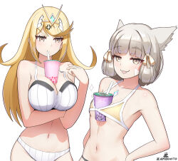  2girls :3 :p absurdres animal_ears between_breasts bikini blonde_hair breasts bubble_tea bubble_tea_challenge bubble_tea_challenge_failure cat_ears chest_jewel cleavage core_crystal_(xenoblade) cup disposable_cup drinking drinking_straw drinking_straw_in_mouth facial_mark grey_eyes grey_hair highres large_breasts multiple_girls mythra_(xenoblade) nia_(xenoblade) object_on_breast small_breasts swimsuit tongue tongue_out xenoblade_chronicles_(series) xenoblade_chronicles_2 zambonito 