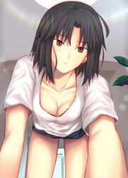  1girl all_fours black_hair blurry blurry_background bokeh bra bra_peek breasts brown_eyes cleavage closed_mouth collarbone depth_of_field downblouse expressionless highres indoors iro_(sekaixiro) kara_no_kyoukai lace lace-trimmed_bra lace_trim looking_at_viewer medium_breasts medium_hair parted_bangs red_eyes ryougi_shiki shirt short_hair short_shorts short_sleeves shorts sidelocks solo t-shirt thighs type-moon underwear white_shirt 