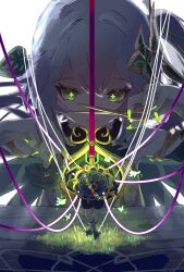  1boy 1girl absurdres bowing cable closed_mouth crossed_ankles double-parted_bangs flower genshin_impact green_eyes green_nails hair_intakes hands_up highres holding holding_scissors looking_at_viewer marionette nahida_(genshin_impact) nokocchin pointy_ears puppet scaramouche_(genshin_impact) scissors smile symbol-shaped_pupils very_long_fingernails wanderer_(genshin_impact) white_hair 