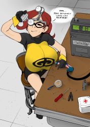 1girl audrey_page breast_press breasts chair costume first_aid_kit freckles golden_girl hammer highres huge_breasts looking_up machinery magnifying_glass maydrawfag nails screwdriver sweat table tagme the_developing_adventures_of_golden_girl rating:Questionable score:17 user:Shikoto