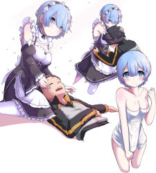 10s 1boy 1girl apron arm_garter between_breasts black_bow black_hair black_ribbon blue_eyes blue_hair blush bow breasts cleavage closed_eyes closed_mouth collarbone comforting covering_privates covering_crotch cropped_legs crying detached_sleeves dress erojune eyebrows eyelashes eyes_visible_through_hair frills hair_between_eyes hair_ornament hair_over_one_eye hairband hairclip hand_on_own_stomach hands_on_another&#039;s_head head_between_breasts hetero highres hug jacket lap_pillow looking_at_another looking_at_viewer lying maid medium_breasts naked_towel natsuki_subaru neck_ribbon on_back open_mouth outstretched_arm pantyhose petals re:zero_kara_hajimeru_isekai_seikatsu rem_(re:zero) ribbon short_hair sitting sleeping smile tears towel track_jacket underbust waist_apron wariza white_apron white_bow white_pantyhose wide_sleeves x_hair_ornament rating:Sensitive score:16 user:danbooru