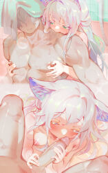  1boy 1girl absurdres age_difference animal_ear_fluff animal_ears arknights armpit_crease blush cat_ears cat_girl censored clenched_teeth completely_nude flat_chest from_above green_eyes hair_between_eyes handjob heart hetero highres indoors kiss kissing_penis large_penis licking licking_another&#039;s_neck loli long_bangs long_hair messy_hair mosaic_censoring nipple_stimulation nipples nude older_man_and_younger_girl oral paid_reward_available penis pov rosmontis_(arknights) shiny_skin showering sitting size_difference teeth towel towel_on_head variant_set very_long_hair villainchin wet 
