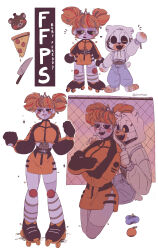  1boy 1girl absurdres animal_ears animal_hood bandaid bandaid_on_face bandaid_on_nose bear bear_ears bear_hood bear_tail belt belt_buckle berry black_dress black_footwear black_gloves black_sclera black_streaks blue_pants blueberry blush_stickers buckle casual chain-link_fence character_name chibi circus_baby_(fnaf) closed_eyes clothing_cutout colored_sclera commentary copyright_name cowboy_shot crossed_arms deviantart_username drawstring dress english_commentary fang fangs fashion fence five_nights_at_freddy&#039;s flat_color floating_head food foot_wraps freddy_fazbear&#039;s_pizzeria_simulator fruit full_body gloves green_eyes half-closed_eyes hands_on_another&#039;s_shoulders heart height_difference highres hood hood_up hoodie humanoid_robot joints jxitrash kitchen_knife knife lefty_(fnaf) long_sleeves looking_at_another mechanical_parts messy_hair midriff molten_freddy multicolored_clothes multicolored_dress multiple_views non-humanoid_robot one-eyed open_mouth orange_(fruit) orange_dress orange_footwear orange_hair pants pink_lips pizza pizza_slice red_streaks robot robot_animal robot_girl robot_joints roller_skates short_dress short_hair side_slit signature simple_background skates skin_fang sky sparkle stomach_cutout sweatpants tail tiara tumblr_username twintails twitter_username waving_arms white_background white_fur white_hoodie wire yellow_eyes 