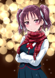  1girl arms_under_breasts bangs black_dress blurry blurry_background blush breasts crossed_arms dress hair_ribbon highres kazuno_leah light_particles long_sleeves love_live! love_live!_sunshine!! outdoors pleated_dress purple_eyes red_scarf ribbon scarf school_uniform seisen_school_uniform small_breasts solo twintails white_ribbon yopparai_oni 