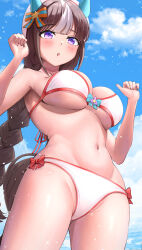 1girl :o absurdres animal_ears beret bikini blue_sky blush braid breasts cloud commentary_request day ear_covers hat highres hokko_tarumae_(umamusume) horse_ears horse_tail large_breasts long_hair multicolored_hair navel ocean outdoors purple_eyes sky solo standing stomach streaked_hair swimsuit tail take978733141 thighs twin_braids umamusume wet white_bikini white_hair white_hat 