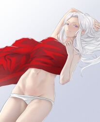 1girl blanket convenient_censoring edelgard_von_hresvelg fire_emblem fire_emblem:_three_houses highres long_hair looking_at_viewer navel nintendo panties pomelomelon purple_eyes smile solo thighs topless underwear white_hair rating:Sensitive score:44 user:Cancerouscrab