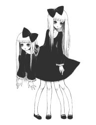  2girls bags_under_eyes blank_eyes blunt_bangs body_horror bow closed_mouth commentary conjoined dress eleanor_(ohmyeleanor) expressionless extra_arms extra_legs frilled_sleeves frills greyscale hair_bow hime_cut horror_(theme) long_hair long_sleeves merging_bodies monochrome multiple_girls multiple_heads original sandals siblings simple_background twins white_background 