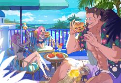  1boy 2girls ^_^ bartholomew_kuma breasts burger cleavage closed_eyes collarbone cup drink eating eyelashes eyewear_on_head family food freckles ginny_(one_piece) glass glasses heart heart-shaped_eyewear holding holding_cup horizon jewelry_bonney large_breasts long_hair mature_male midriff multiple_girls navel one_piece open_mouth outdoors palm_tree pink_hair sandals smile stuffed_animal stuffed_toy sunglasses table teddy_bear teeth tree ususmomo 