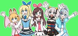 .live 5girls :d animal_ear_fluff animal_ears antenna_hair black_dress black_skirt blonde_hair blue_bow blue_bowtie blue_eyes blue_flower blue_rose blue_shirt blunt_bangs blush bow bowtie breasts bright_pupils brown_hair bseibutsu cat_hair_ornament cleavage cleavage_cutout clenched_hand clenched_hands clothing_cutout commentary_request controller_hair_ornament cowboy_shot detached_sleeves dress fist_pump flower fox_ears gloves grey_eyes grey_hair hair_between_eyes hair_ornament hairband hairclip high_side_ponytail highres kaguya_luna kemomimi_oukoku_kokuei_housou kizuna_ai kizuna_ai_inc. large_breasts long_hair long_sleeves looking_at_viewer medium_breasts mikoko_(kemomimi_oukoku_kokuei_housou) miniskirt mirai_akari mirai_akari_project multicolored_hair multiple_girls obi open_mouth pink_hair pink_hairband pink_shirt pink_sleeves reaching reaching_towards_viewer red_sash rose round_teeth sailor_collar sash shirt short_hair simple_background dennou_shoujo_siro skirt sleeveless sleeveless_dress sleeveless_shirt small_breasts smile streaked_hair suspender_skirt suspenders teeth the_moon_studio twintails upper_teeth_only virtual_youtuber virtual_youtuber_shiten&#039;nou white_dress white_gloves white_pupils white_sailor_collar white_shirt white_skirt white_sleeves wide_sleeves wristband