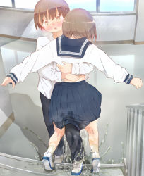 1boy 1girl 22m arms_up black_pants blue_sailor_collar blue_skirt blush brown_eyes brown_hair embarrassed from_behind highres hug indoors kneepits loli long_sleeves matching_hair/eyes miniskirt nose_blush open_mouth original outstretched_arms pants pee peeing golden_shower peeing_self pleated_skirt puddle reflective_floor sailor_collar school_uniform serafuku shirt shoes short_hair shota sidelocks skirt socks stairs steam surprised sweat wet wet_clothes white_footwear white_legwear white_shirt wide-eyed window rating:Questionable score:143 user:AngryZapdos