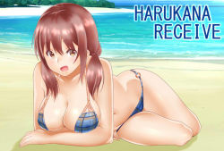  10s 1girl arms_under_breasts bakufu_(pixiv8670867) beach bikini blush breast_rest breasts brown_eyes brown_hair checkered_bikini checkered_clothes cleavage crossed_arms harukana_receive large_breasts light_blush long_hair looking_at_viewer lying matching_hair/eyes navel ocean on_side oozora_haruka_(harukana_receive) open_mouth outdoors sand shadow smile solo swimsuit twintails water 