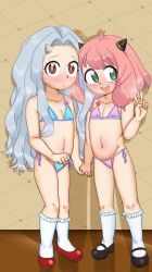  2girls anya_(spy_x_family) arm_at_side bikini black_footwear blue_bikini blush boku_no_hero_academia breath closed_mouth collarbone dot_nose embarrassed eri_(boku_no_hero_academia) eyebrows eyelashes female_focus flat_chest full_body green_eyes grey_hair hand_up holding_hands horns hoshime indoors loli long_hair looking_afar looking_at_viewer looking_to_the_side medium_hair multiple_girls navel open_mouth pink_bikini pink_hair red_eyes red_footwear shoes side-tie_bikini_bottom single_horn smile socks spy_x_family standing swimsuit v white_socks 