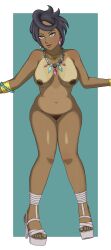 1girl absurdres black_hair captain_milf casual_nudity creatures_(company) dark-skinned_female dark_skin earrings full_body game_freak highres jewelry looking_at_viewer mature_female nail_polish necklace nintendo nude olivia_(pokemon) platform_footwear platform_heels pokemon pokemon_sm standing thick_thighs thighs 