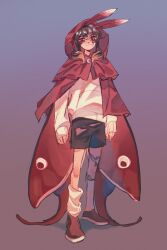  +_+ arthropod_girl black_shorts brown_hair cape crescent crescent_pin cyani07 full_body gradient_background hermitcraft highres insect_girl insect_wings moth_antennae moth_girl moth_wings pearlescentmoon red_cape red_eyes red_footwear red_wings shorts simple_background socks standing sweater white_socks white_sweater wings 