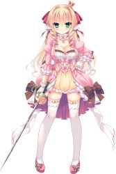 1girl blonde_hair bow breasts cleavage crown dress drill_hair footwear_bow full_body gloves hair_intakes hand_on_own_hip highres hinata_mutsuki holding holding_sword holding_weapon large_breasts long_hair looking_at_viewer love_love_princess marigold_bruette_erland mini_crown neck_garter pink_footwear shoes short_dress solo sword thighhighs transparent_background weapon white_gloves white_thighhighs wori zettai_ryouiki 