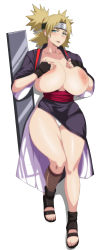 1girl aqua_eyes blonde_hair blush breasts breasts_out curvy cyberunique full_body highres huge_breasts large_areolae looking_at_viewer lying naruto naruto_(series) nipples on_back open_mouth shoes simple_background smile solo temari_(naruto) thick_thighs thighs white_background wide_hips rating:Questionable score:335 user:Ezio5g