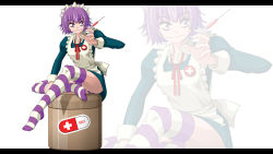  1girl drugs female_focus futaba_channel grin highres j-unit_(lilykiss) maid nijiura_maids panties pill purple_eyes purple_hair short_hair simple_background smile solo striped_clothes striped_panties striped_thighhighs syringe thighhighs underwear white_background yakui zoom_layer  rating:Sensitive score:14 user:cleric