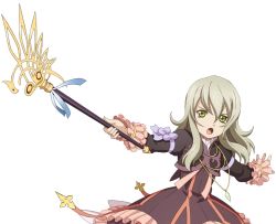 1girl :o blonde_hair bow cropped_jacket dress elize_lutus frills green_eyes jewelry official_art pendant purple_dress ribbon short_hair solo staff tales_of_(series) tales_of_xillia transparent_background white_background rating:Sensitive score:7 user:danbooru