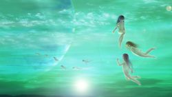  6+girls cloud flat_chest floating from_behind highres loli mira_(nijie518444) multiple_girls nude planet sky sun 