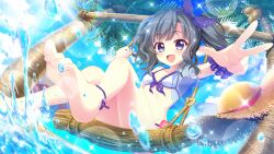  1girl :d ankleband bikini black_hair blue_bow blue_eyes blue_hairband blue_sky bow bow_hairband breasts cleavage cloud cloudy_sky coconut_tree collarbone day dot_nose feet film_grain flower from_below front-tie_bikini_top front-tie_top game_cg hairband hat itsumura_yukari izumi_tsubasu lens_flare looking_at_viewer non-circular_lens_flare non-web_source official_art open_clothes open_mouth open_shirt outdoors palm_tree pink_flower purple_scrunchie purple_trim re:stage! rope scrunchie see-through see-through_shirt short_hair sidelocks sitting sky small_breasts smile solo sparkle splashing straw_hat sun swimsuit swing toenails toes tree twintails underboob unworn_hat unworn_headwear w water white_bikini wrist_scrunchie 