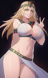  1girl arm_behind_back blonde_hair blush bracelet breasts cleavage cleopatra_(megami_tensei) cobra_(animal) colored_sclera crown edmonmondo egyptian egyptian_clothes evil_smile highres jewelry large_breasts lips long_hair looking_at_viewer navel shin_megami_tensei shin_megami_tensei_v smile solo usekh_collar v yellow_eyes yellow_sclera 