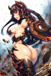 10s 1girl 2016 armor armored_boots ass bikini bikini_armor black_bikini black_hair blunt_bangs boots breasts censored cowboy_shot dated debris dragon_print dust ecell glowing glowing_sword glowing_weapon gluteal_fold gorget hair_over_breasts headgear hime_cut holding holding_sword holding_weapon huge_ass large_breasts light_particles long_hair looking_at_viewer looking_back mabinogi mabinogi_heroes motion_blur narrow_waist open_mouth profile red_eyes revealing_clothes shiny_skin sideboob solo string_bikini swimsuit sword thick_thighs thigh_boots thighhighs thighs thong_bikini underbust warrior weapon wide_hips rating:Sensitive score:42 user:danbooru