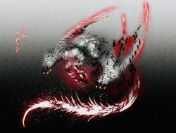  absurdres black_background calligraphy claws deadpool_yuchan digitigrade dragon full_body glowing gradient_background grey_background highres monster monster_focus monster_hunter monster_hunter_(series) monster_hunter_x multicolored_background nargacuga no_humans open_mouth red_eyes signature silverwind_nargacuga solo spiked_tail tail white_fur wings wyvern 