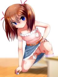 1girl bandaid bare_shoulders belt blue_eyes blush brown_hair camisole closed_mouth collarbone crop_top damubomu damudomu eraser exhibitionism eyebrows female_focus floor groin hair_ornament hair_ribbon heart highres kneeling leaning_forward legs loli long_hair looking_at_viewer midriff navel no_panties on_one_knee original public_indecency pussy ribbon skirt solo spread_legs third-party_edit twintails two_side_up uncensored upskirt wooden_floor rating:Explicit score:91 user:Domestic_Importer