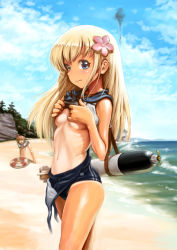  10s 2girls beach blue_eyes breasts clothes_pull day flower hair_flower hair_ornament i-58_(kancolle) kantai_collection kazuma_muramasa long_hair looking_at_viewer multiple_girls navel one-piece_swimsuit one-piece_swimsuit_pull one-piece_tan ro-500_(kancolle) school_swimsuit school_uniform small_breasts swimsuit tan tanline torpedo  rating:Questionable score:28 user:danbooru
