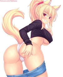 1girl animal_ear_fluff animal_ears ass ass_grab blonde_hair blush breasts cat_ears cat_tail clothes_pull come_hither from_behind grin hand_on_own_ass highres large_breasts leaning leaning_forward long_hair looking_at_viewer looking_back no_bra nottytiffy original panties ponytail red_eyes shiny_skin short_shorts shorts sideboob simple_background smile solo tail tiffy_(nottytiffy) underwear watermark web_address wedgie white_background rating:Questionable score:73 user:armorcrystal