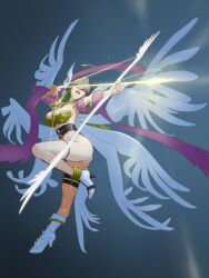  1girl angel angel_girl angel_wings angewomon ass asymmetrical_clothes asymmetrical_legwear blonde_hair bow_and_arrow breasts covered_eyes digimon digimon_(creature) digimon_adventure elbow_gloves feathered_wings female_focus gloves glowing_arrow head_wings helmet helmet_over_eyes high_heels holding holding_weapon medium_breasts multiple_wings muramura_hito open_mouth pink_shawl shawl shiny_skin simple_background thighs weapon wings wrist_wings 