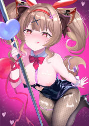  1girl :q absurdres alternate_costume angelina_(arknights) animal_ear_hairband animal_ears arknights arm_ribbon bare_shoulders between_breasts black_leotard blush bow bowtie breasts brown_eyes brown_hair brown_pantyhose chinese_commentary closed_mouth clothing_cutout commentary_request cuffs cum cum_on_body cum_on_breasts cum_on_legs cum_on_legwear cum_on_upper_body dated detached_collar fake_animal_ears fingernails fishnet_pantyhose fishnets glint hair_intakes hair_ornament hairband handcuffs heart heart_cutout highres leotard medium_breasts medium_hair nail_polish necktie nipples pantyhose pink_background pink_nails playboy_bunny pole rabbit_hole_(vocaloid) red_bow red_bowtie red_hairband red_necktie red_ribbon ribbon saliva short_necktie solo sparkle tongue tongue_out traditional_bowtie variant_set vocaloid x_hair_ornament zhan_bai_(daviding) 