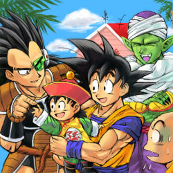  5boys age_difference black_hair brothers clothes_writing dragon_ball dragonball_z closed_eyes family father_and_son good_end kuririn laughing long_hair lowres male_focus multiple_boys out_of_character piccolo raditz scouter siblings smile son_gohan son_goku spiked_hair stargeyser sweat tail alternate_universe  rating:General score:19 user:danbooru