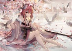 1girl bird closed_mouth collarbone date_a_live flat_chest flower highres horns itsuka_kotori japanese_clothes kimono long_hair long_sleeves looking_at_viewer pink_flower pink_kimono red_eyes red_hair sitting smile soaking_feet solo tadatsu very_long_hair wide_sleeves rating:Sensitive score:13 user:danbooru