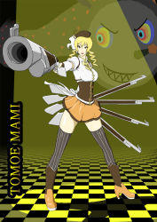  10s 1girl blonde_hair breasts charlotte_(madoka_magica) dress drill_hair gun hat holding magical_musket mahou_shoujo_madoka_magica smile solo tomoe_mami twin_drills weapon yellow_eyes  rating:Questionable score:2 user:kimr456