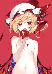 1girl apple blonde_hair blood crystal fangs female_focus flandre_scarlet flat_chest food fruit hat highres holding holding_food holding_fruit ke-ta loli looking_at_viewer mob_cap navel nipples nude open_mouth red_background red_eyes short_hair simple_background solo swept_bangs touhou upper_body white_hat wings rating:Questionable score:82 user:danbooru