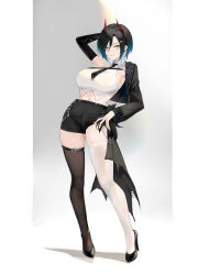  1girl absurdres arm_behind_head asymmetrical_legwear asymmetrical_pants azur_lane black_hair black_jacket black_nails black_necktie black_shorts breasts casual collared_shirt cropped_jacket cropped_shirt ear_piercing full_body hair_ornament hair_over_one_eye hairclip hand_on_own_hip high_heels highres hip_focus horns jacket large_breasts leaning_back leaning_to_the_side legs looking_at_viewer medium_hair midriff mismatched_legwear multicolored_hair nail_polish navel necktie piercing shirt short_shorts shorts skindentation sleeveless sleeveless_shirt slit_pupils smile solo standing suo_bu_ye_feng thigh_strap thighhighs thighs two-tone_hair ulrich_von_hutten_(azur_lane) white_hair white_shirt yellow_eyes  rating:General score:8 user:danbooru