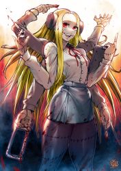  1girl artist_name blonde_hair blood blood_on_clothes blood_on_face blood_on_hands blue_skirt bonesaw clipboard commentary english_commentary extra_arms franken_fran hacksaw highres holding holding_clipboard horror_(theme) long_hair madaraki_fran monster_girl red_eyes saw scalpel signature skirt stitched_arm stitched_face stitched_fingers stitched_leg stitches surgeon the_golden_smurf tools zombie 