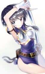  1girl armor armpits belt breastplate fire_emblem fire_emblem:_genealogy_of_the_holy_war gloves highres holding holding_sword holding_weapon kwz_ini larcei_(fire_emblem) looking_to_the_side nintendo purple_tunic scabbard sheath short_hair shoulder_armor sidelocks simple_background smile solo sword thighs tomboy tunic unsheathing weapon 