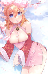  1girl alternate_costume bare_shoulders blonde_hair blue_eyes blush breasts cherry_blossoms china_dress chinese_clothes detached_sleeves dress genderswap genderswap_(mtf) hair_between_eyes highres large_breasts leaning_forward link nintendo petals pink_dress pointy_ears shiny_skin solo the_legend_of_zelda the_legend_of_zelda:_breath_of_the_wild ttanuu. wide_sleeves 