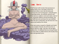  breasts character_profile dark_skin genie lamp_genie_(mon-musu_quest!) mon-musu_quest! monster_girl pointy_ears tagme text_focus translated  rating:Explicit score:27 user:AmazingAmaya