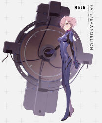  1girl adapted_costume black-framed_eyewear blue_bodysuit bodysuit breasts fate/grand_order fate_(series) glasses hair_over_one_eye highres holding holding_removed_eyewear holding_shield impossible_bodysuit impossible_clothes left-handed looking_at_viewer lord_camelot_(fate) mash_kyrielight mash_kyrielight_(ortenaus) medium_breasts multicolored_bodysuit multicolored_clothes neon_genesis_evangelion pilot_suit plugsuit purple_eyes rebuild_of_evangelion science_fiction shield short_hair siino solo unworn_eyewear 