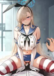  1boy 1girl asuna_(blue_archive) black_hairband black_neckerchief black_panties blonde_hair blue_archive blue_eyes blue_halo blue_sailor_collar blue_skirt breasts bulge choker commentary_request cosplay crop_top crop_top_overhang elbow_gloves erection erection_under_clothes girl_on_top gloves hair_over_one_eye hairband halo hetero highres indoors kantai_collection large_breasts long_hair looking_at_viewer microskirt navel neckerchief panties pov sailor_collar sensei_(blue_archive) shimakaze_(kancolle) shimakaze_(kancolle)_(cosplay) sitting skindentation skirt smile solar_(happymonk) solo_focus squatting_cowgirl_position straddling striped_clothes striped_thighhighs thighhighs underwear white_gloves 