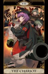  3girls arm_under_breasts beji-kun black_cape black_coat black_sailor_collar blunt_bangs breasts broken_heart_print cannon cape closed_mouth coat commentary_request cookie_(touhou) cowboy_shot ein_(cookie) explosion geru_futota green_hair grey_eyes grey_hair hat hat_ornament highres holding holding_megaphone izayoi_sakuya long_sleeves looking_afar looking_at_viewer looking_to_the_side medium_bangs medium_breasts megaphone military_hat military_uniform missile multiple_girls open_mouth parted_lips purple_hair red_cape remilia_scarlet roman_numeral sailor_collar short_hair star_(symbol) star_hat_ornament tarot tarot_(medium) the_chariot_(tarot) touhou two-sided_cape two-sided_fabric uniform zwei_(cookie) 
