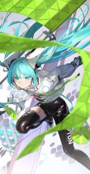  1girl absurdres aqua_eyes aqua_hair asymmetrical_bodysuit black_bodysuit black_footwear black_gloves blurry bodysuit bodysuit_under_clothes boots cropped_jacket crypton_future_media depth_of_field flag floating_hair gloves goodsmile_racing hair_ornament hatsune_miku headphones highres holding holding_flag jacket leaning_forward long_hair long_sleeves looking_at_viewer nik_ibi race_queen racing_miku racing_miku_(2022) running see-through simple_background single_thigh_boot solo thigh_boots traffic_light twintails v-shaped_eyebrows very_long_hair vocaloid white_background white_jacket 